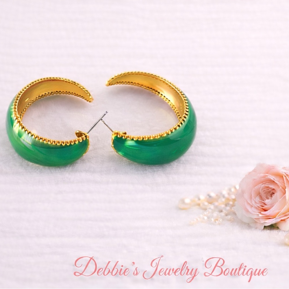 Green Enamel Gold Tone Hoop Earrings 1.5” | Bold Statement Hoops